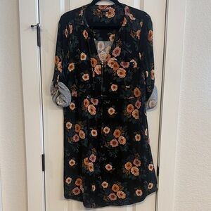 Floral Black Dress with Orange and Green Accents
